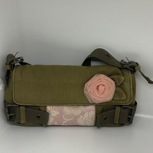 Green Canvas Messenger Bag with Pink Floral Accent